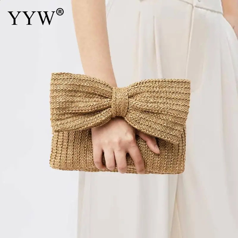 Mode Trend Bow Straw Woven Handväskor 2023 Designer Kvinnor Handvävda rotting Evening Clutch Bags Party Purse Day Clutches 240118