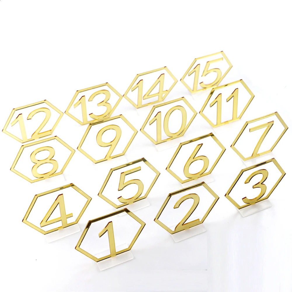 115結婚式のパーティーの装飾銀または金のアクリル六角形のローマ数幾何学的なセンターピース240127
