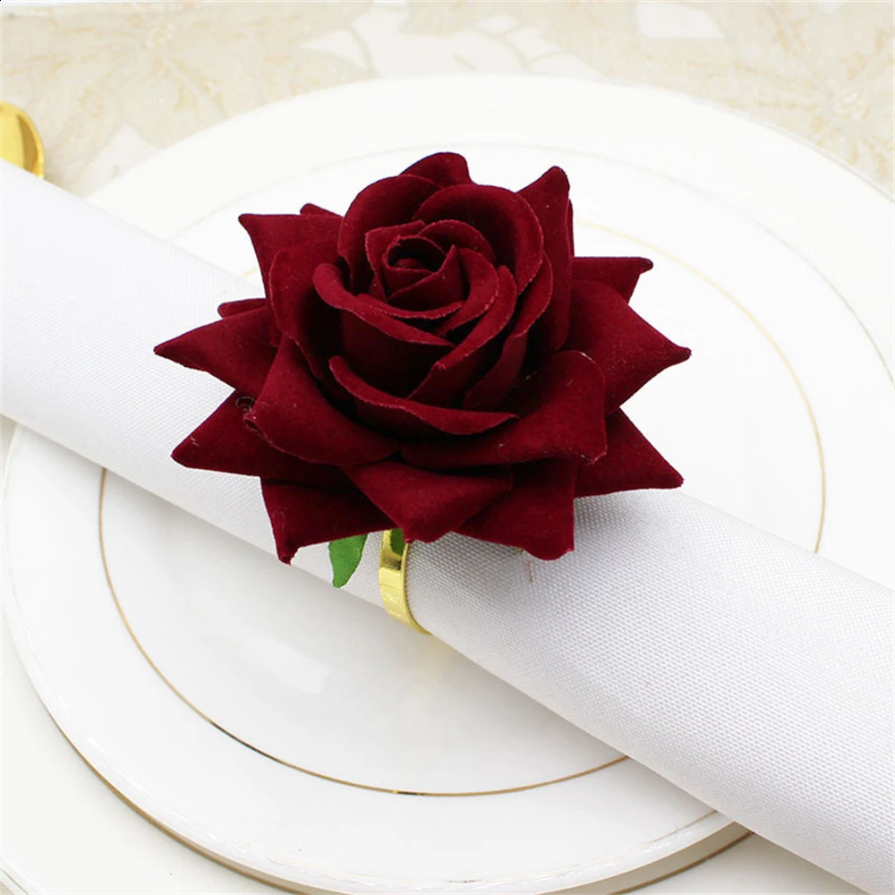 8 pièces anneaux de serviette de fleur anneaux de porte-serviette Rose rouge pour mariage banquet de la Saint-Valentin décoration d'anniversaire de noël HWW01 240127