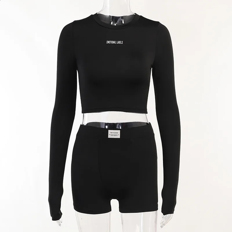 Carta de malha Crewneck estilo esportivo shorts de três pontos com ajuste apertado tendência de costura casual para roupas femininas personalizadas 240215