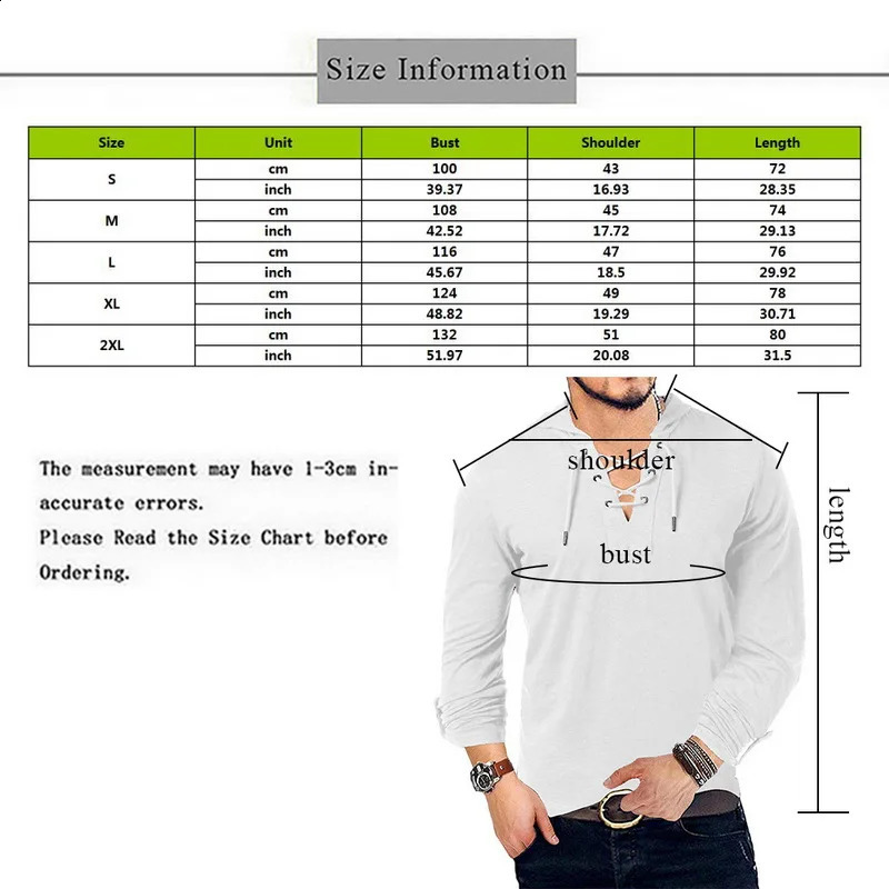 Fashion Men's Hooded Tee Long Sleeve Cotton Henley TShirt Medieval Lace Up V Neck Outdoor Tee Tops Loose Casual 240123