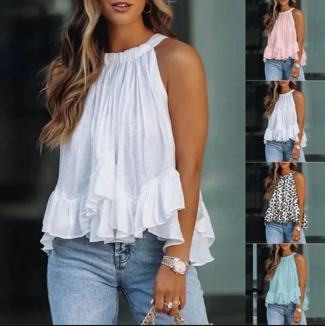 Elegante sem mangas das mulheres topos blusas vintage sólido babados verão boho praia camisas soltas casual sexy halterneck camisa 240125