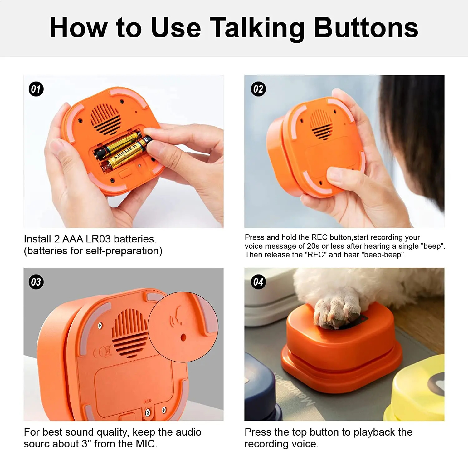 MEWOOFUN Dog Button Record Talking Pet Communication Vocal Training Interactive Toy Bell Ringer With Pad and Sticker Easy To Use 240119