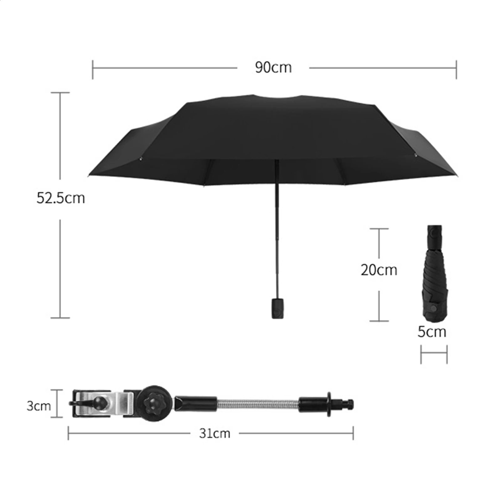 Clamp on Umbrella Stroller Sun Shade Foldable Bike Umbrella Waterproof Stroller Parasol for Golf Cart Fishing 240130