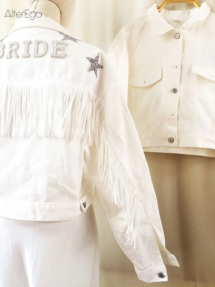 Denim Jacket With Stars White Fringe Pearl Rhinestone Personalized Bride Jacket Custom MrsJean Wifey Denim Wedding Coats Tops 240125