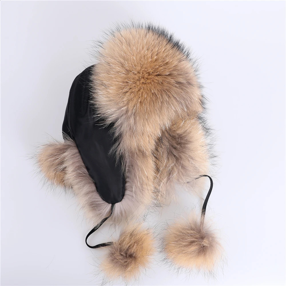 100% sombrero de piel de zorro auténtica para mujer ruso Ushanka trampero esquí en nieve sombrero gorras orejeras invierno piel de mapache bombardero sombrero 240123