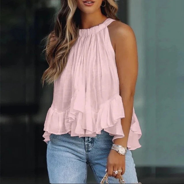 Elegante sem mangas das mulheres topos blusas vintage sólido babados verão boho praia camisas soltas casual sexy halterneck camisa 240125