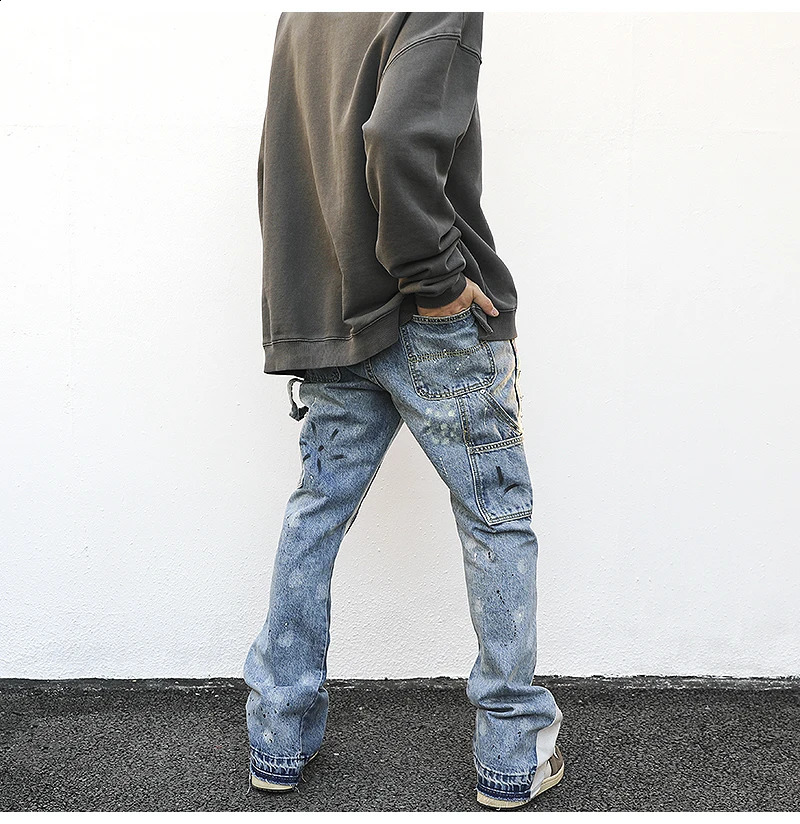 Distressed Splash Ink Flare Jeans Urban Streetwear Patch Mens Graffiti Wide Jean Hip Hop Washed Blue Slim Fit Denim Pants Men 240202