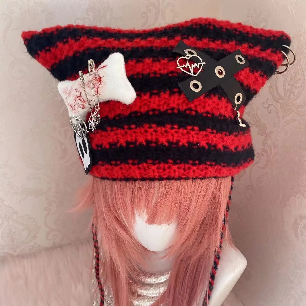 Harajuku Gothic Lolita Japanese Beanie Hat Striped Knitted Cap Autumn Winter Cute Ox Horn Y2K Girl Womens Hats 240202