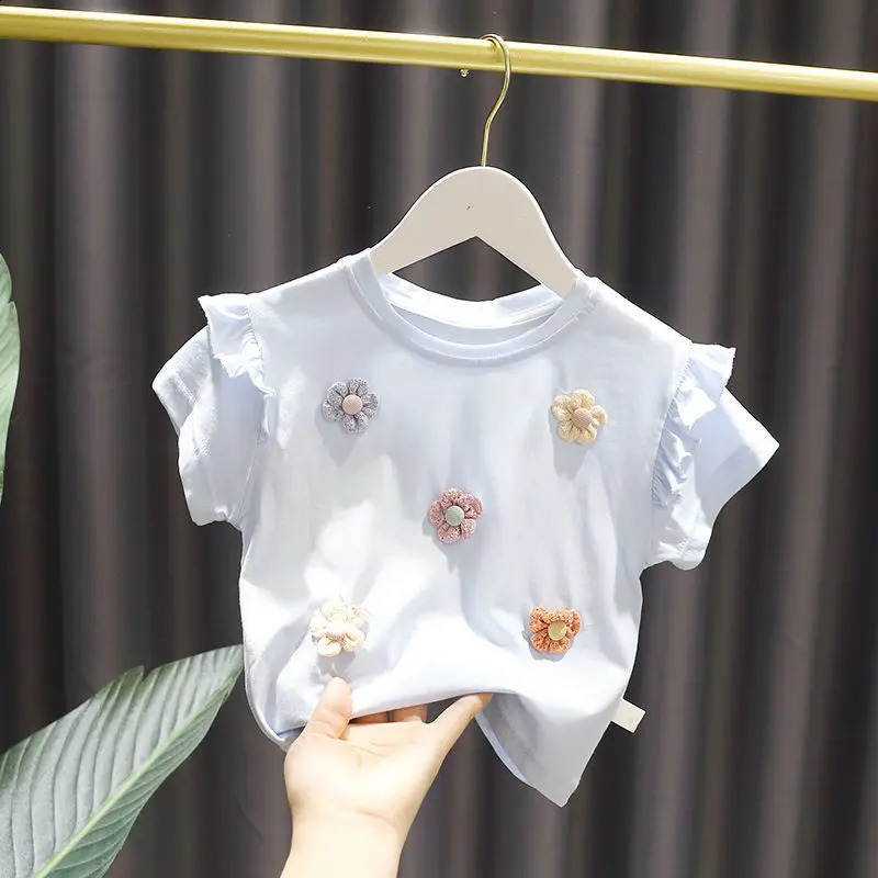 Sommer Mädchen T-shirt Kinder Baby Nette Spitze Kurzarm Top Kleines Mädchen Baumwolle Bodenbildung Shirt 240131