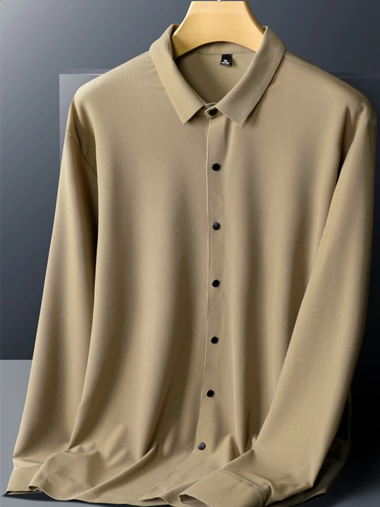 Grande taille 8xl automne chemises hommes à manches longues de haute qualité en soie solide kaki rouge bleu noir couleur chemise décontractée Blouse sociale mâle 240127