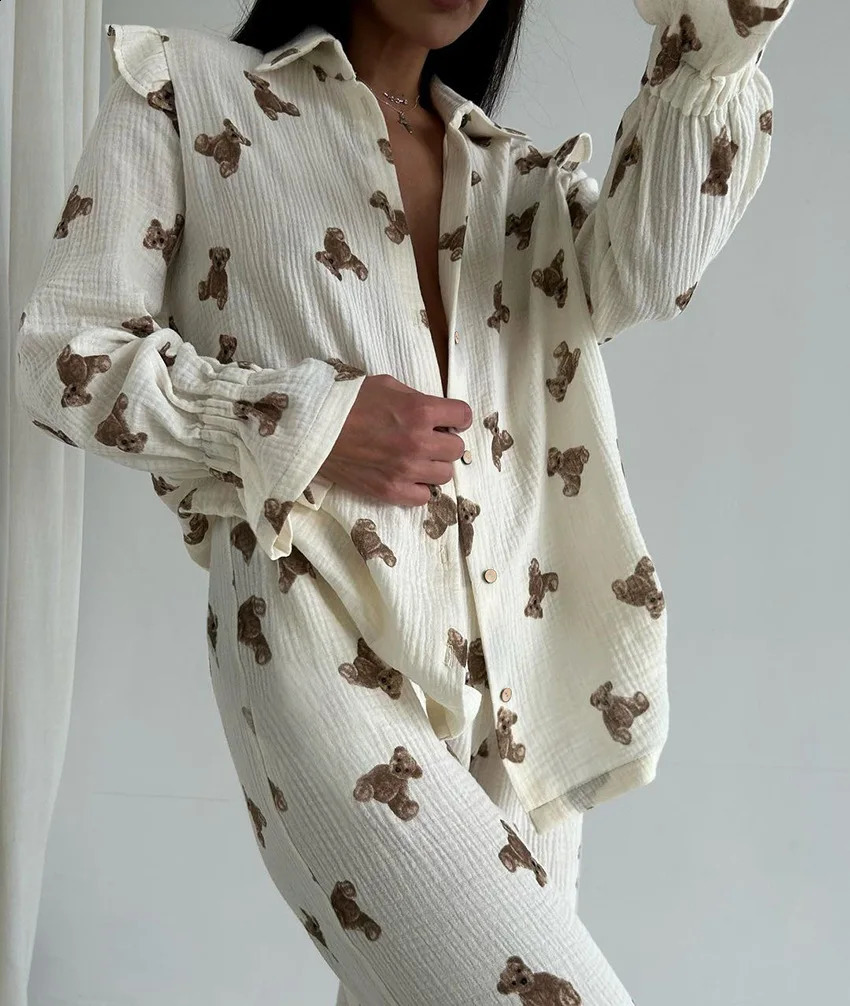 NHKDSASA Womens Nightwear Kawaii Cotton Wither Pyjamas Set Casual Cotton Two Piece Set Home Sleepwear Woman Clothing 240202