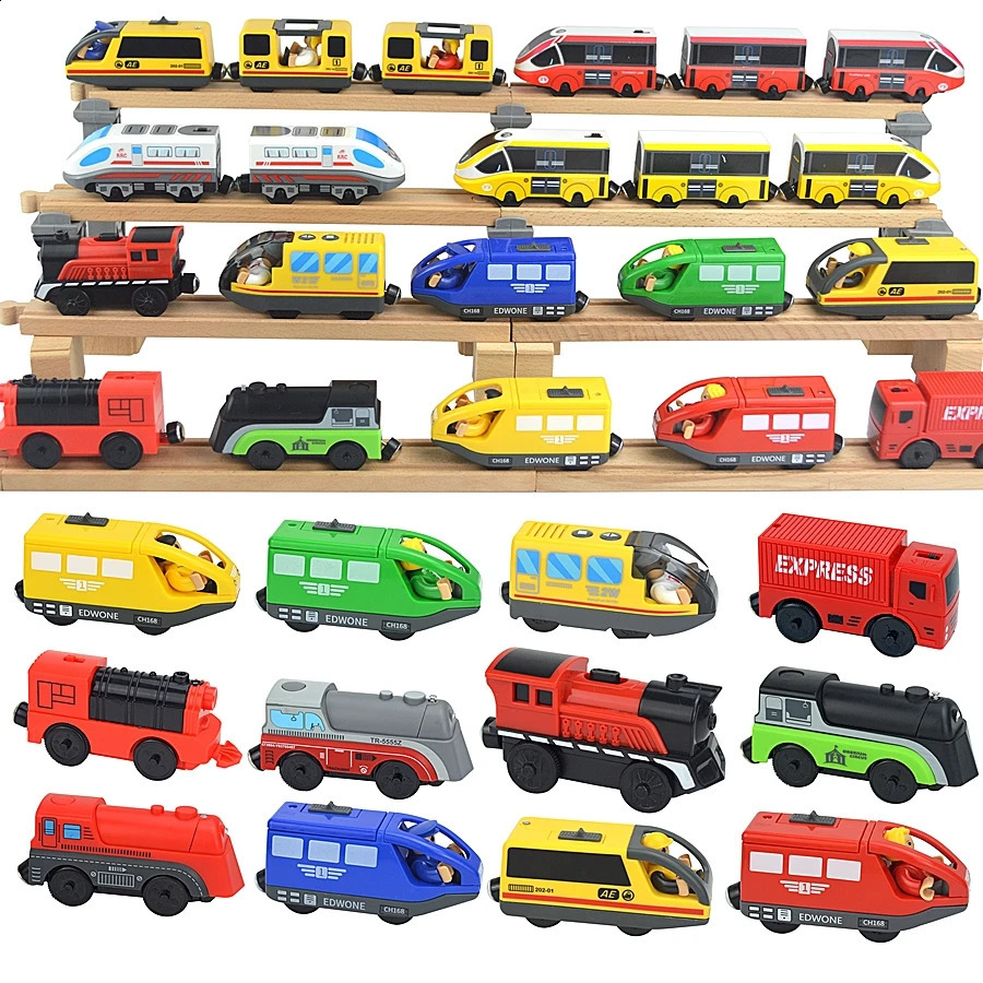 Legno magnetico treno elettrico auto pressofuso slot locomotiva camion compatibile marca biro treno ferrovia in legno set giocattoli bambini 240131