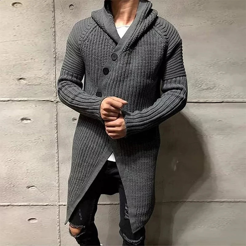 Hommes boutonné Long pull pardessus hommes hiver automne manches tricot à capuche Cardigans manteau mode solide tricoté vestes 240130