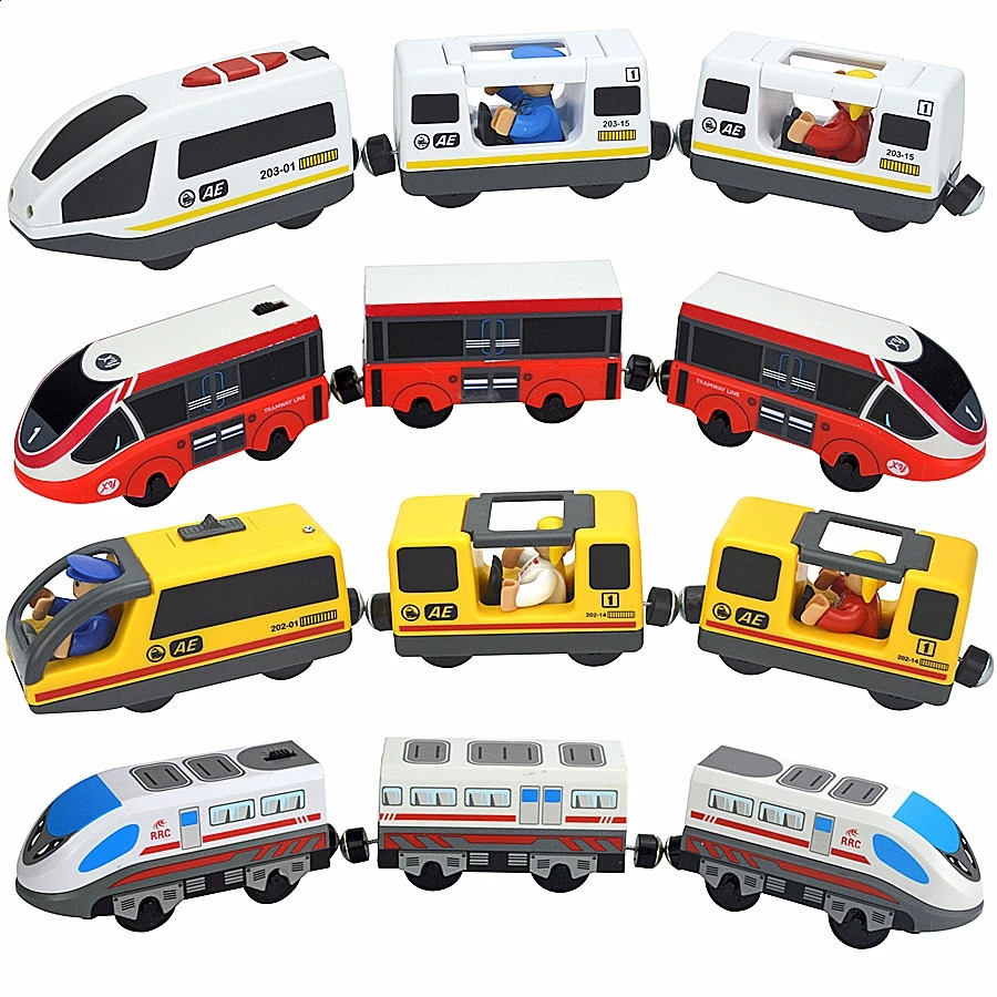 Trä magnetisk elektrisk tågbil diecast slot lokomotiv lastbil Kompatibelt varumärke Biro Train Wood Railway Track Set Kid Toys 240131