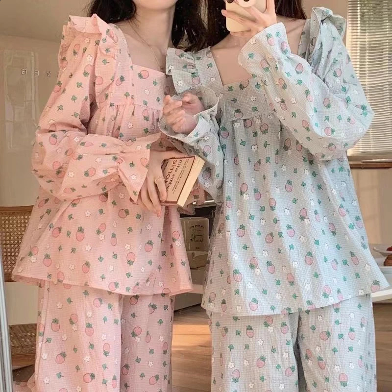 Square Collar Long Sleeve Women Outfit Set Soft Pajama Suit Sweet Printing Strawberrie Princess Home Wear 240201