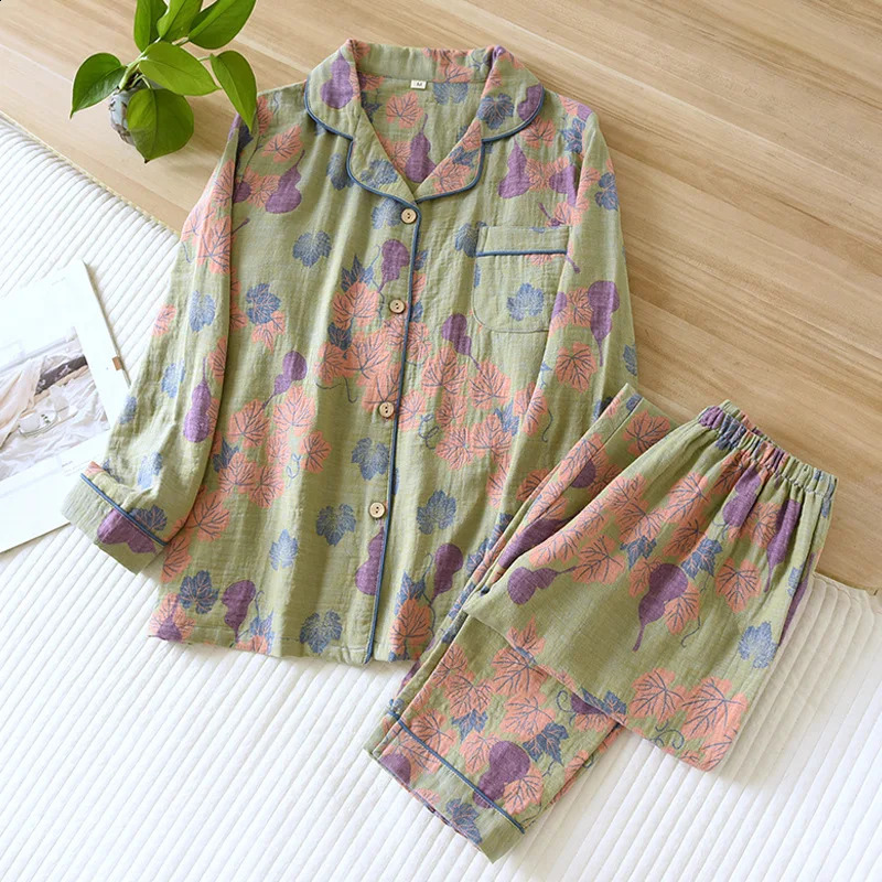 2024 Japanese Spring and Autumn Womens Pajama Set 100% Cotton Vintage Long sleeved Pants Two Piece Set for Home Furnishings 240202