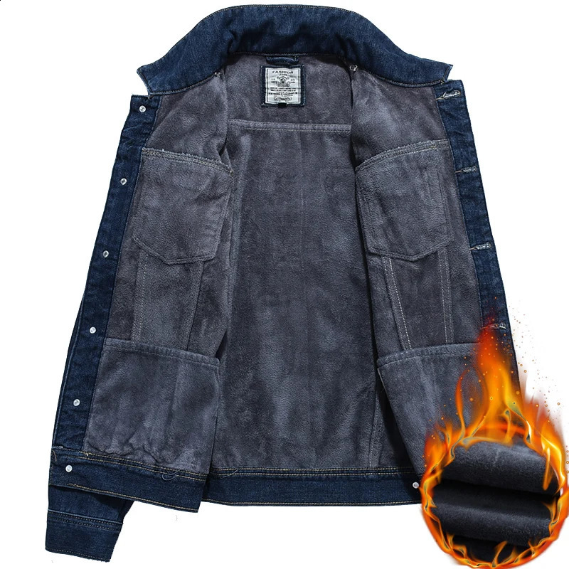 Vintermän denimjacka förtjockar fleece varma rockar mode klassisk lapel smal cyklist jeans jacka outwear man varumärke kläder 240122