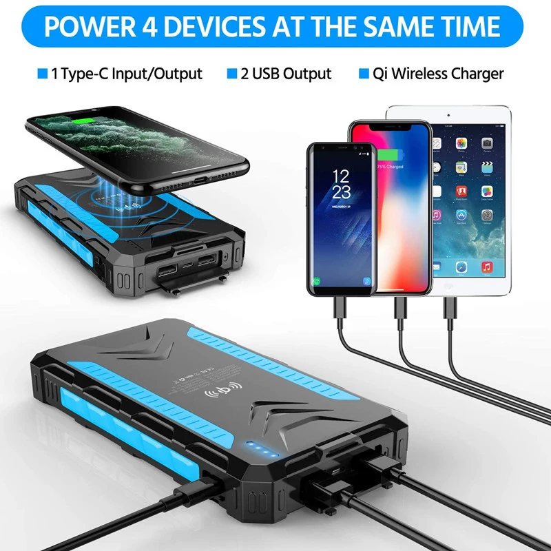 36000mAh Waterproof Solar Power Bank Qi Wireless Charger Powerbank For iPhone 13 Samsung S22 Xiaomi Poverbank with Camping Light