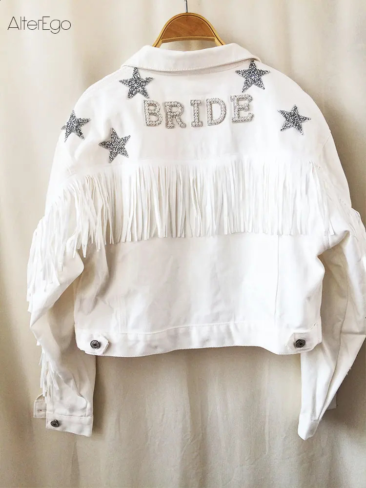Denim Jacket With Stars White Fringe Pearl Rhinestone Personalized Bride Jacket Custom MrsJean Wifey Denim Wedding Coats Tops 240125