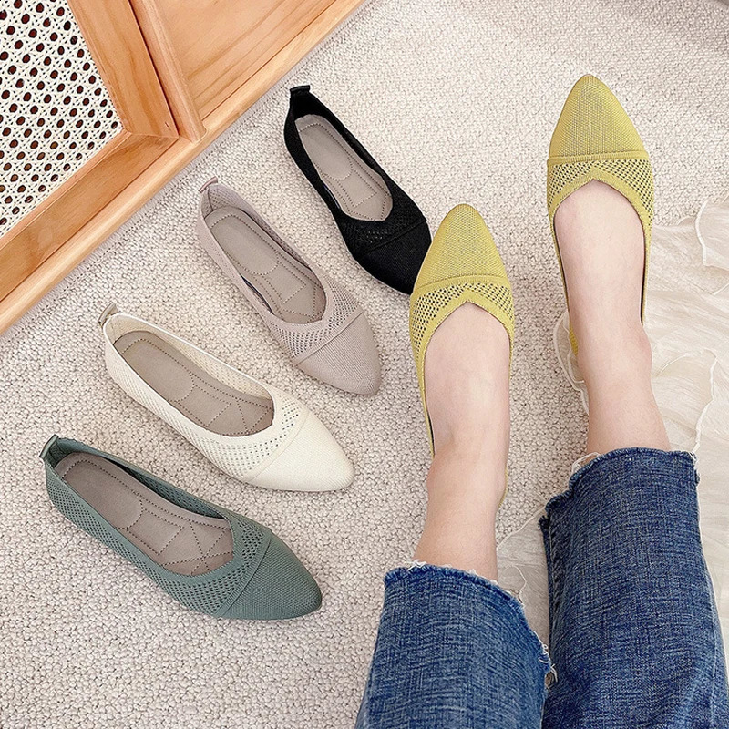 Stretch Knit Ballet Flats Women Loafers 2023 Spring Breattable Mesh Flat Shoes Ballerina Moccasins Casual Pointed Toe Boat Shoes 240123