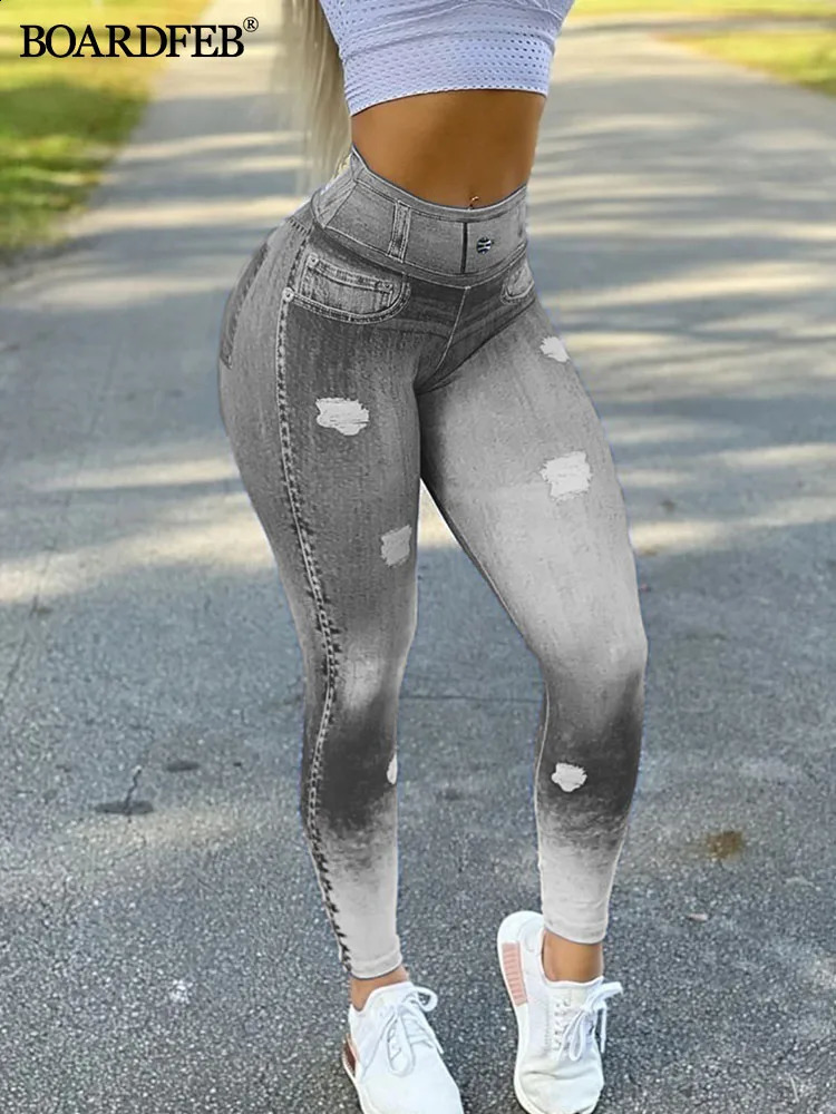 Mulheres Faux Denim Leggings Cintura Alta Jeans Calças Slim Elástico Sem Costura Skinny Esportes Lápis Calça Feminina Treino Correndo Calças 240119