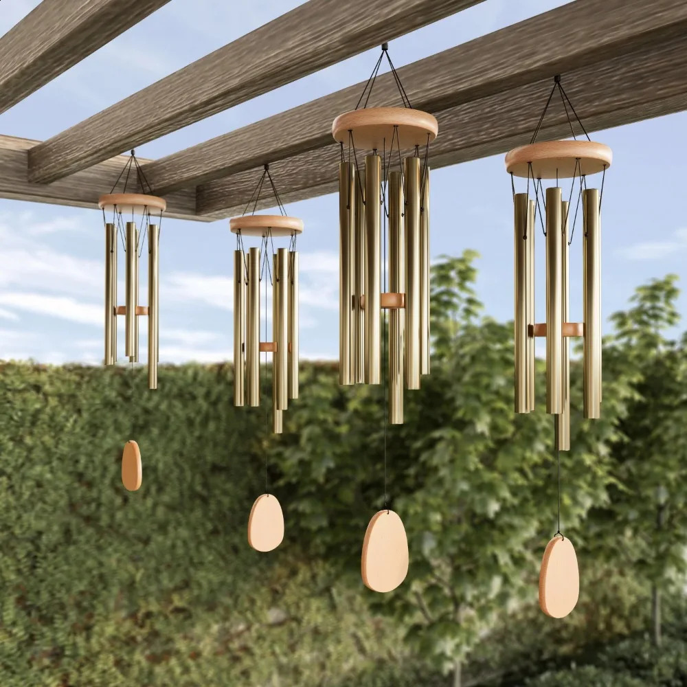 Gold Finish Home Decoration Wind Chime Metal and Wood Wall Hanging Decor 28 in Chimes Crafts Garden 240122