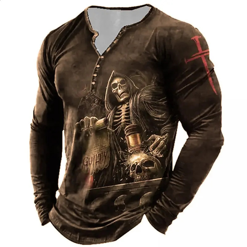 Skull Vintage TShirt For Men Graphic T Shirts Cotton Tees 3D Print Long Sleeve VNeck Tee Oversized Men's Clothing Tops Summer 240123