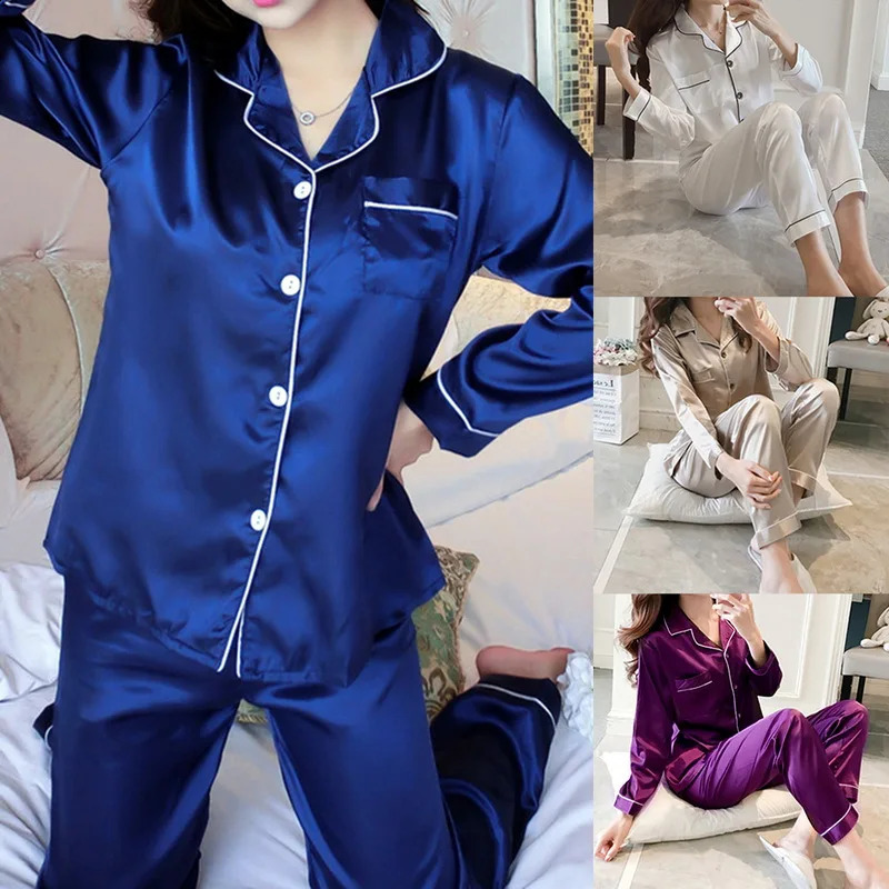 Kobiety jedwabna piżama zestaw 2 sztuki odzież snu Zniszczenie domowe długie rękawy spodnie domowe ubrania nocne dla kobiet 240202