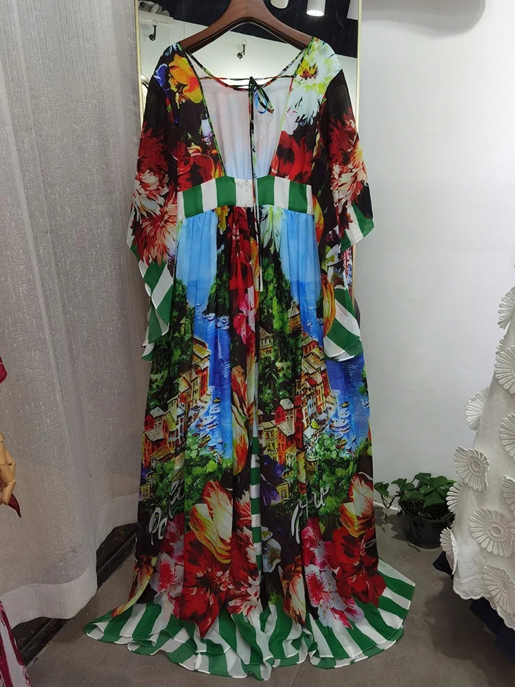 Robe longue en mousseline de soie et velours pour femmes, mode élégante, manches mi-évasées, impression sicilienne, tenue de fête et de vacances, automne