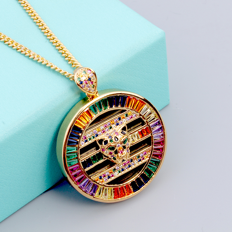 Retro Colorful Disc Leopard Head Necklace Micro Set with Zircon Green Eyes Hip Hop Personalized Men's and Women's Trendy Charm Jewelry