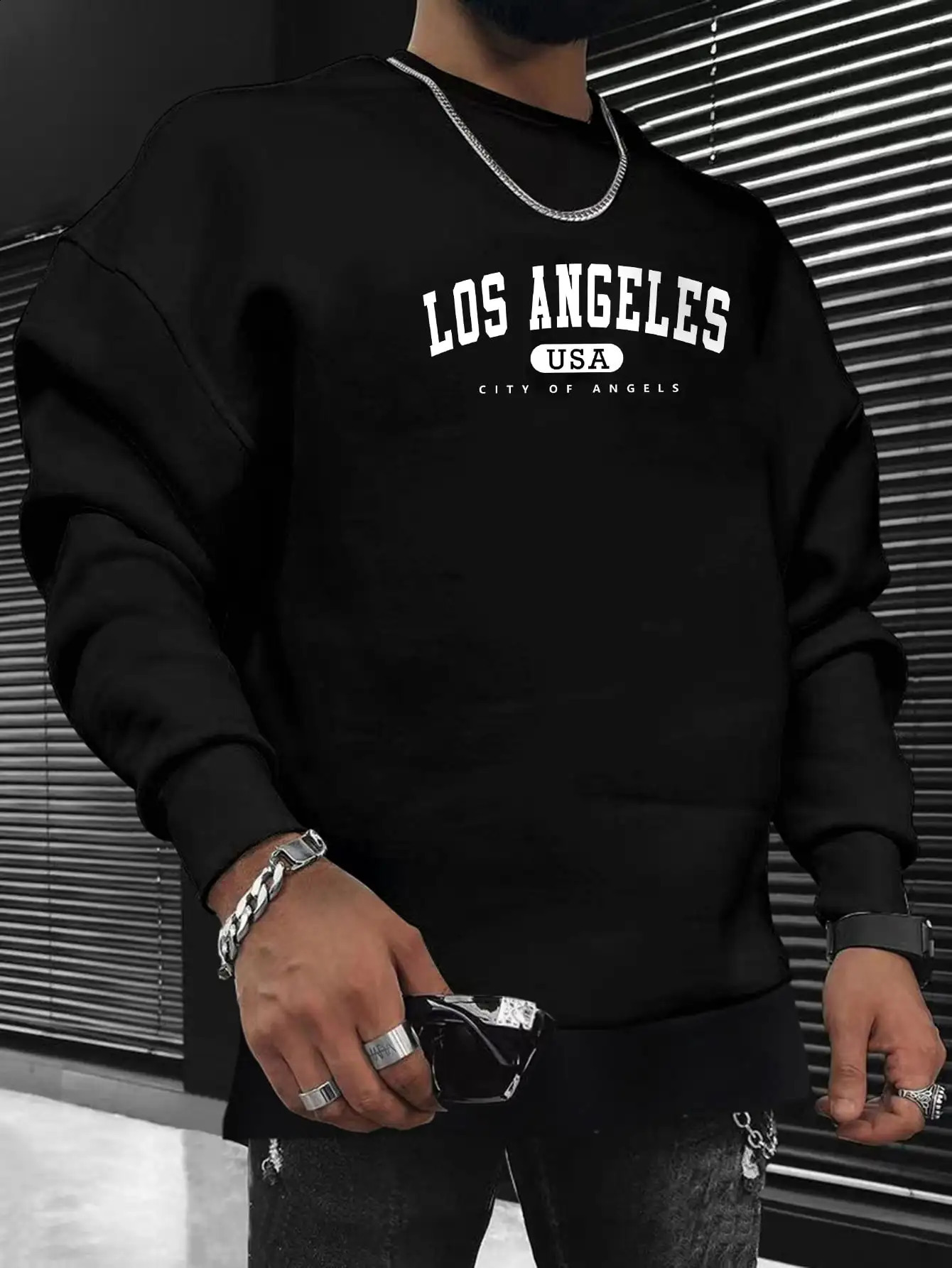 Los Ángeles EE. UU. Impresión de palabras blancas Sudaderas masculinas Sudaderas con capucha sueltas AllMatch Moda Hombre Cuello redondo Ropa de calle para hombre 240202