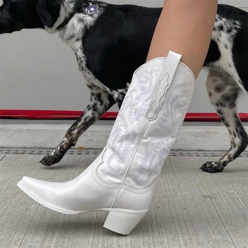 Cowboy noir Cowgirl bottes pour femmes mode brodé bout pointu talon épais mi-mollet bottes occidentales chaussures d'hiver femme 240130