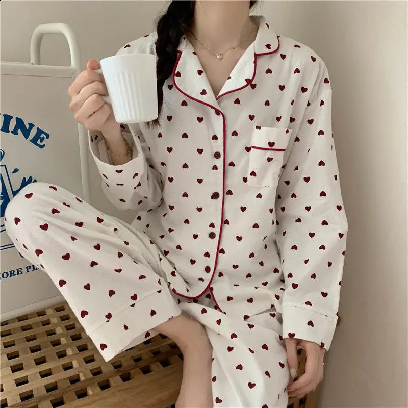 Conjuntos de pijama feminino manga longa turn-down colarinho elegante doce impressão macio único breasted bolsos primavera outono sono feminino 240202