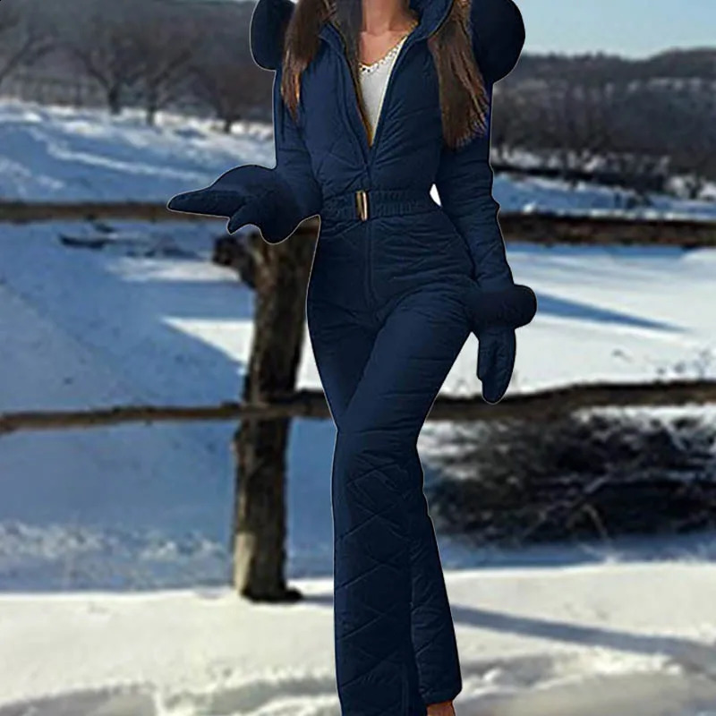 Winter Jumpsuits Met Capuchon Parka Elegante Katoenen Gewatteerde Warme Sjerpen Skipak Rechte Rits Vrouwen Casual Trainingspakken 240122