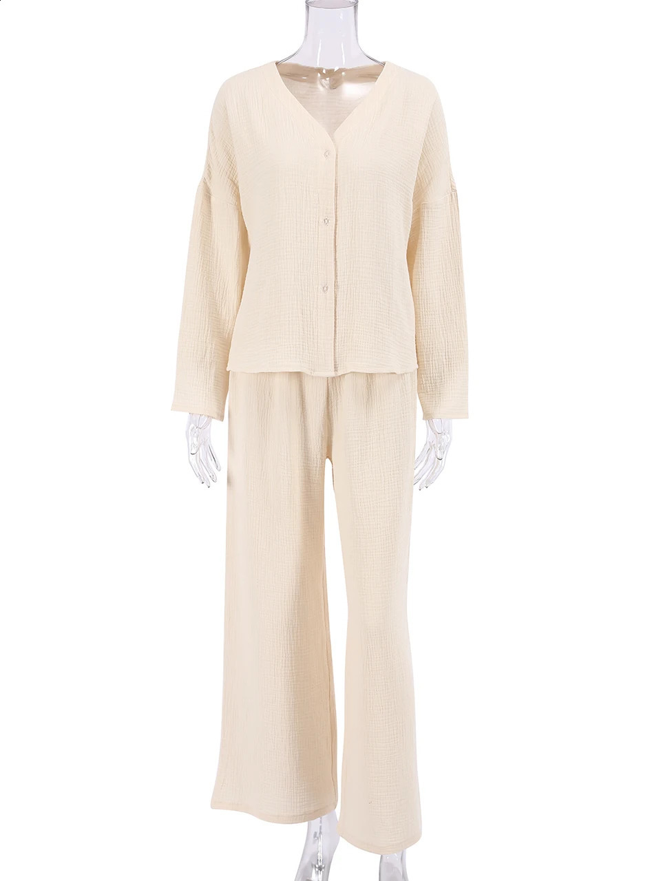 Linad Khaki Pure Cotton Sleepwear V Neck Single Breasted Wide Leg Pants Trouser Suits Drop Sleeves Set Woman Loungewear 240202