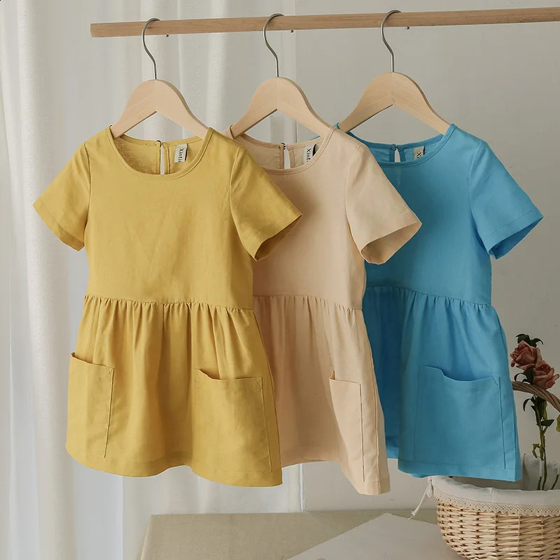 Robe d'été en coton et lin pour filles, jaune, décontractée, manches courtes, vacances pour enfants, avec poches, TZ20 240126