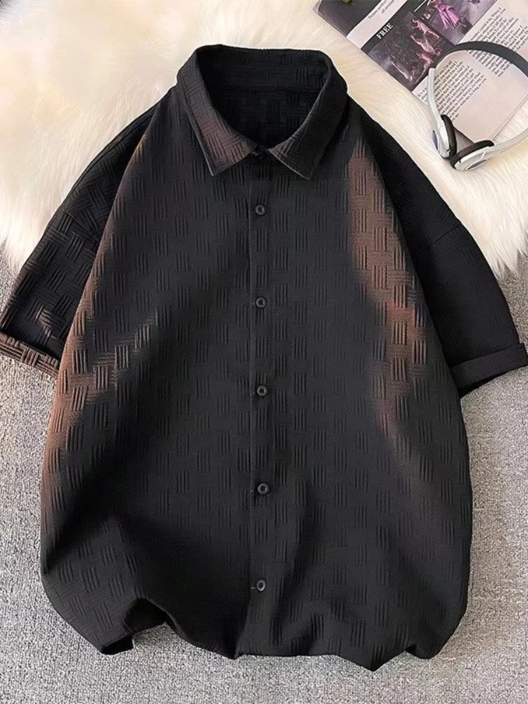 Gmiixder veckade jacquard kortärmad skjorta herr sommaris silk tunna andas lös casual blus koreansk enkel trend topp 240127