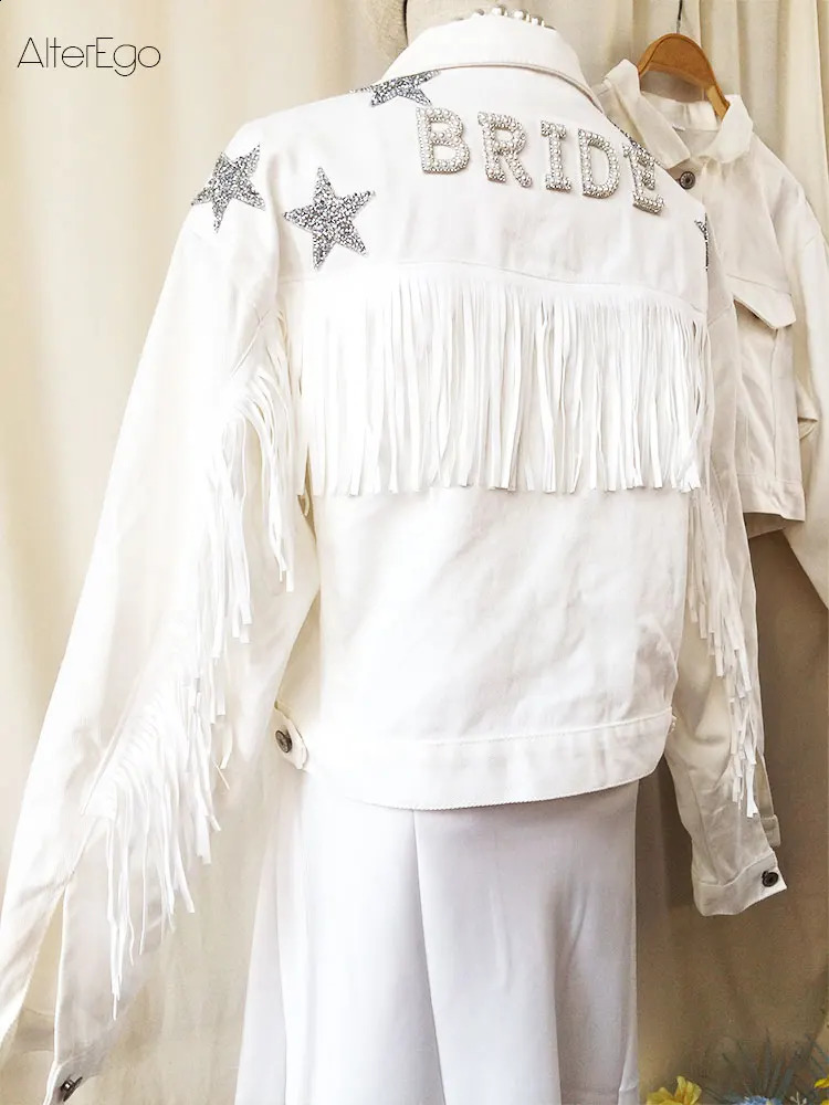 Denim Jacket With Stars White Fringe Pearl Rhinestone Personalized Bride Jacket Custom MrsJean Wifey Denim Wedding Coats Tops 240125