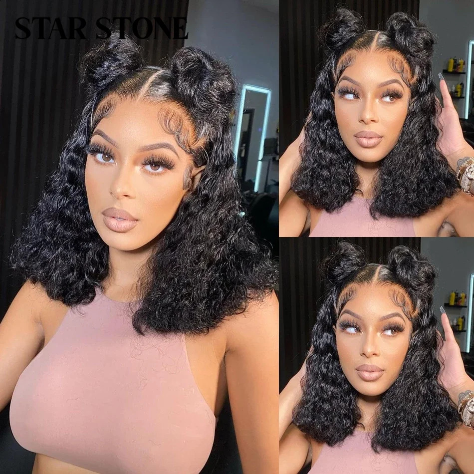 Short Curly Bob Brazilian Human Hair Lace Front Wigs 134 Frontal 44 Closure Deep Wave Wig For Black Women 180 Density 240127