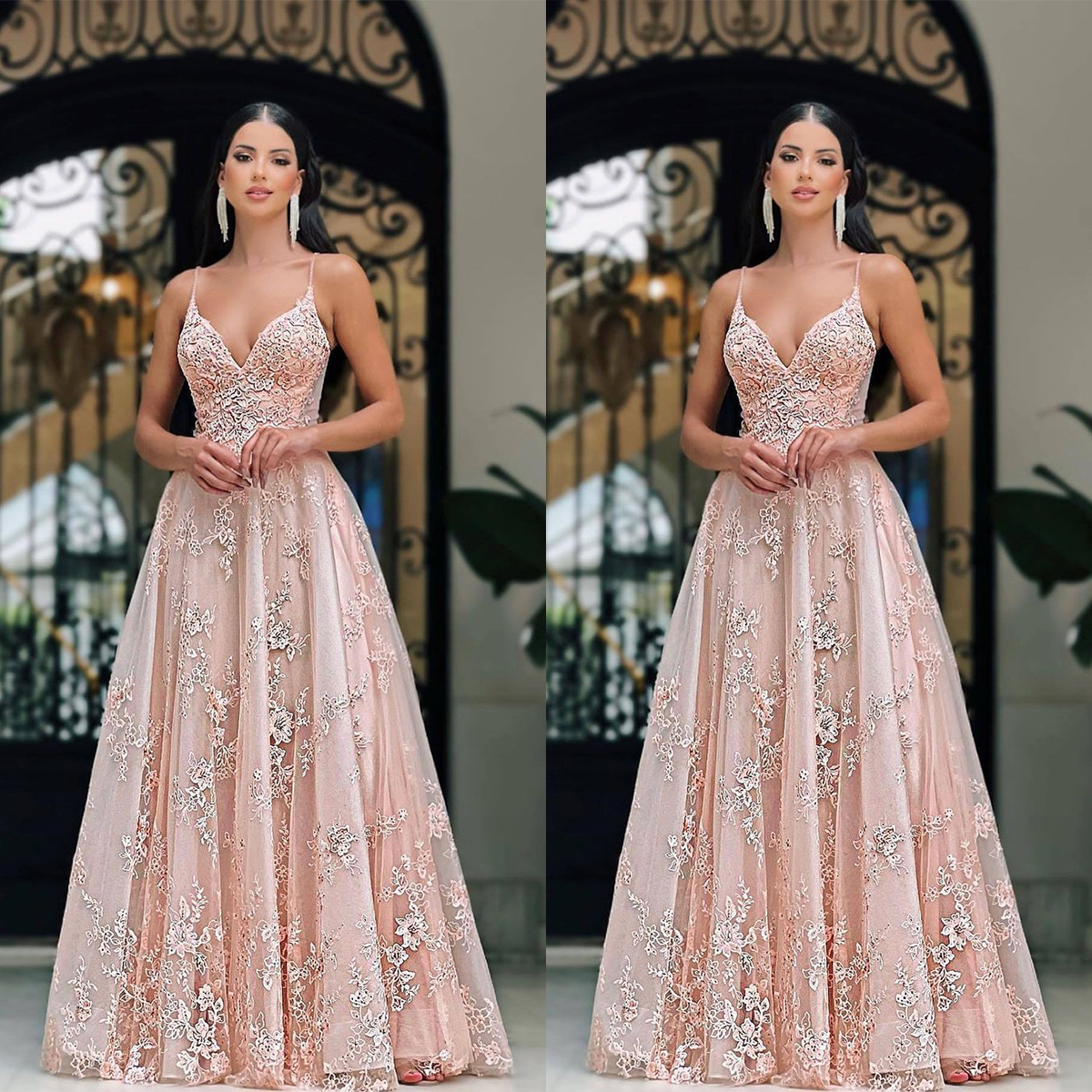 Beach Elegant A Line Evening Dresses Spaghetti Lace Applique Beads V Neck Women Gowns Sweep Train Party Gown Vestidos De Fiesta Prom Occasion Custom Size