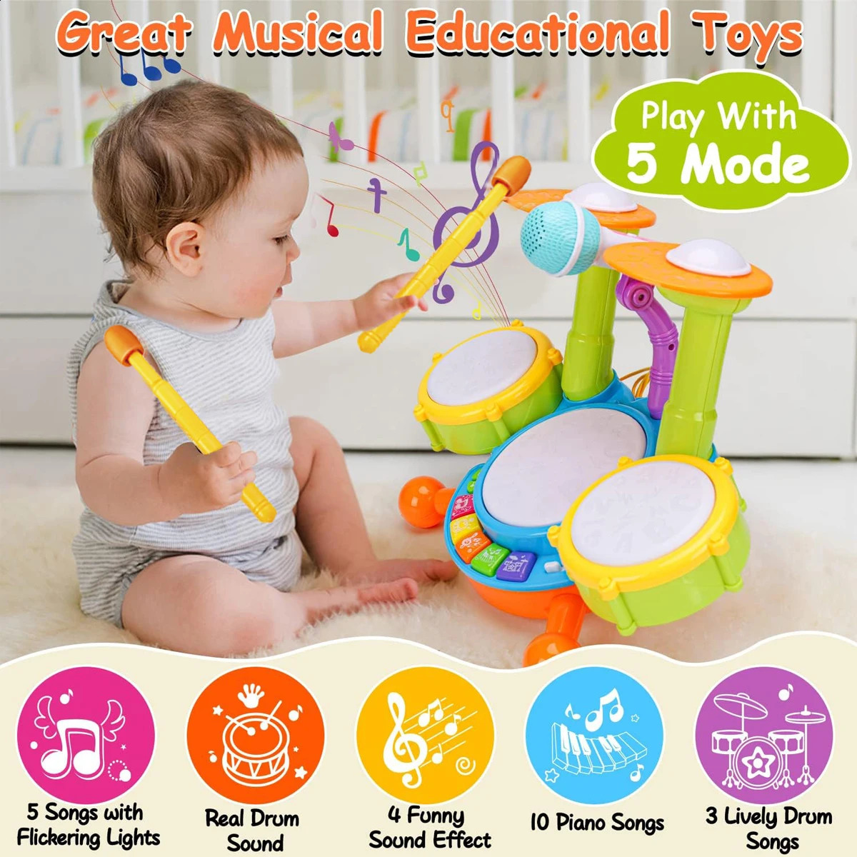 Barn trumset småbarn musikaliska baby utbildningsinstrument leksaker för tjejmikrofoninlärningsaktiviteter gåvor 240124