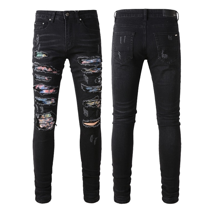 Fashionable men's jeans with cool style, luxurious designer denim pants with holes and split black blue jeans, slim fit size 28-40 new Amirs