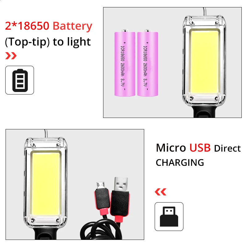 Porodna LAD LED 5200 mAh LED Hook Lampa kempingowa Cob Cob USB ładowna 18650 latarka latarka Wodoodporna dla samochodu 240119