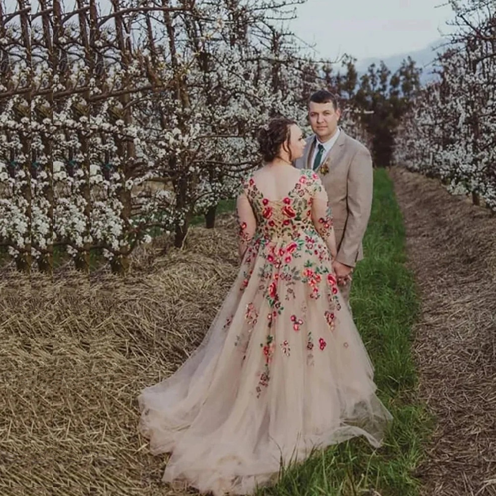 Beaux papillons blancs fleurs faites à la main robes de mariée de mariée nouveau col transparent manches appliques longues robes de mariée robe de mariée