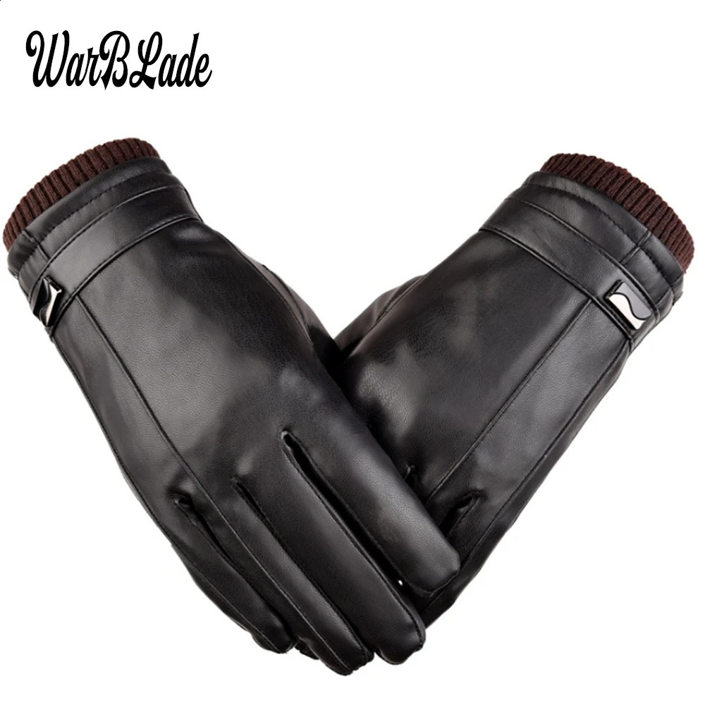 Mens Luxurious Pu Leather Winter Driving Warm Gloves Cashmere Tactical Gloves Black Drop High Quality 240127