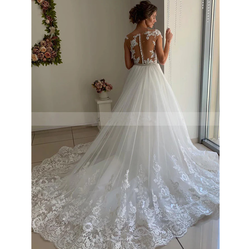 Elegantes Satin-Hochzeitskleid, Hofschleppe, transparenter Rücken, Spitzenapplikationen, lange Ärmel, sexy weiße Brautkleider, Strand-Boho-Brautkleider 2024