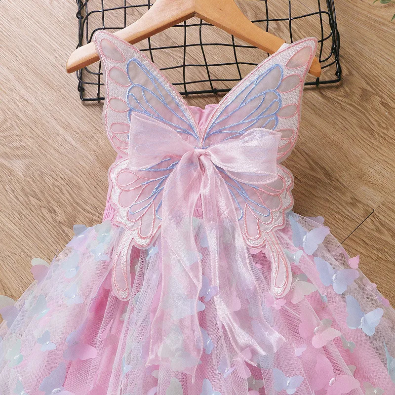 Summer Kids Girl Dress Large Butterfly Suspender Ice and Snow Fantasy Girl's With Colorful Lights Princess Dresses H2325 240126