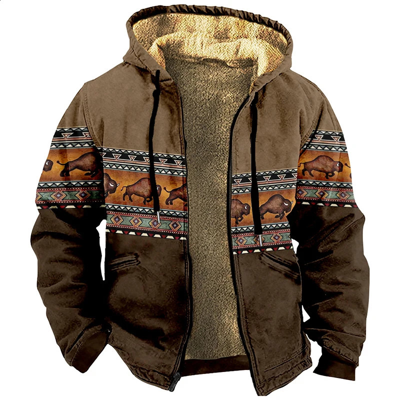 Jaquetas de inverno vintage para homens bison impressão design motocicleta jaqueta casual manga longa casacos masculino versátil moletom com capuz 240220