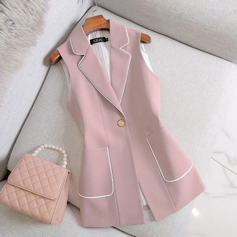 Womens jacket vest autumn pink suit vest womens white striped jacket professional large-sized Chaleco no print good product 240216